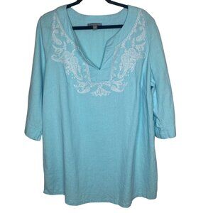 Jessica London Top Womens 20W Blue Embroidered Linen Blend Tunic Plus Size Coast